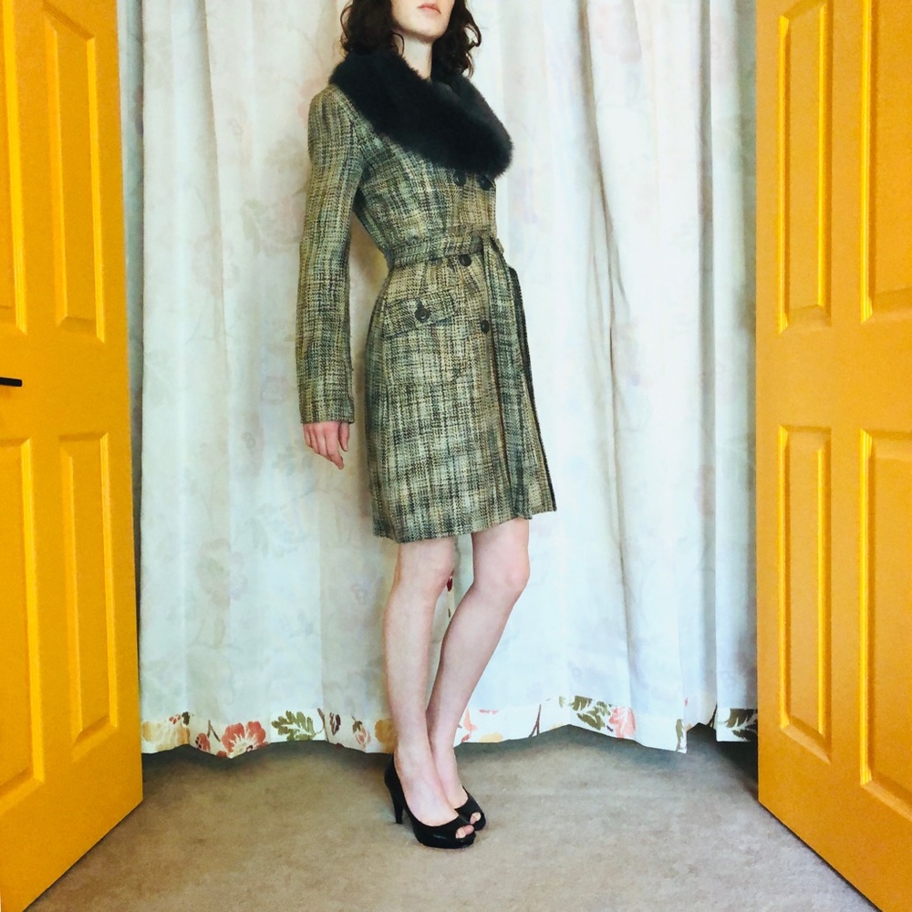 Teal Tweed Pea Coat - Removable Faux Fur